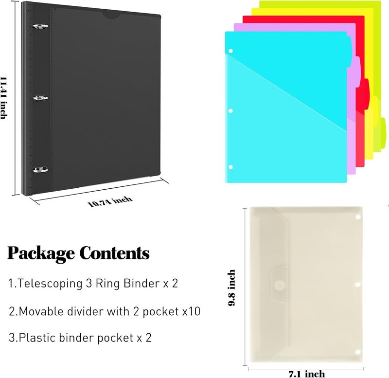 INFUN 1 Inch Telescoping Project Organizer Binder-2PCS,13 Pocket, Customizable Front Cover, 5 Colors Pocket Divider and Plastic Binder Pocket，225 Sheet Capacity-Black - Image 2